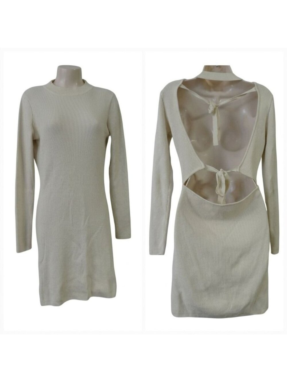Milk It Beige Ribbed Knit Tied Open Back Long Sleeve Mini Dress Women Size 10